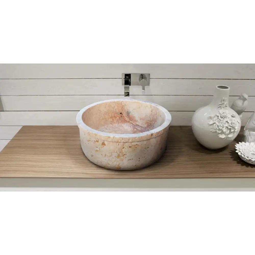 Beige Round Travertine Stone Vessel Sink Polished For Bathroom Vanity