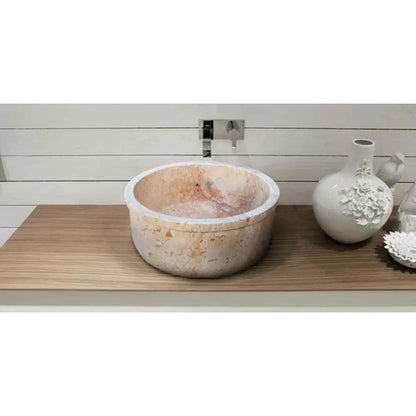 Beige Round Travertine Stone Vessel Sink Polished For Bathroom Vanity