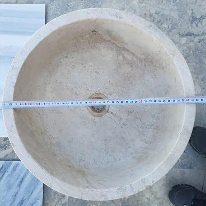 Beige Round Travertine Stone Vessel Sink Polished For Bathroom Vanity