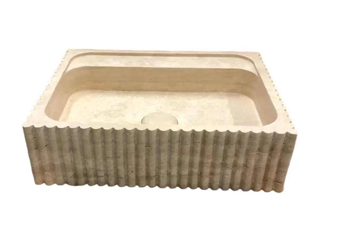 Beige Hand Carved Travertine Stone Vanity Wall Mounted Bathroom Sink