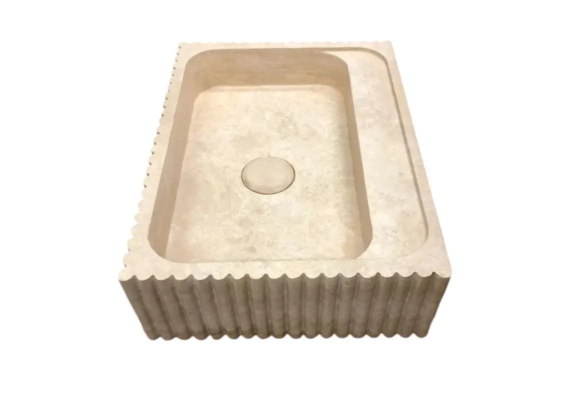 Beige Hand Carved Travertine Stone Vanity Wall Mounted Bathroom Sink