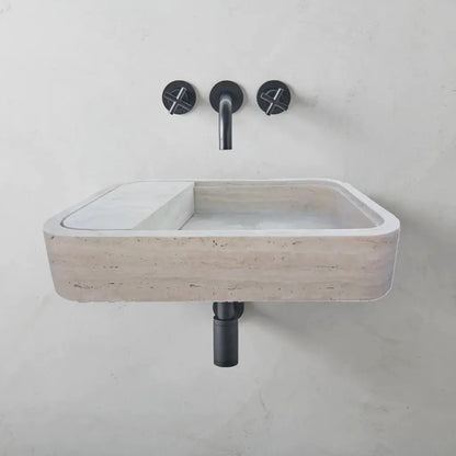 Beige Travertine Wall Mount Bathroom Sink With Hidden Drain