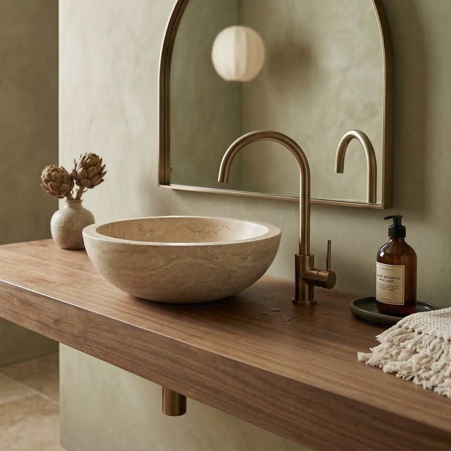 Beige Travertine Natural Stone Vessel Sink - Honed and Filled 16x6