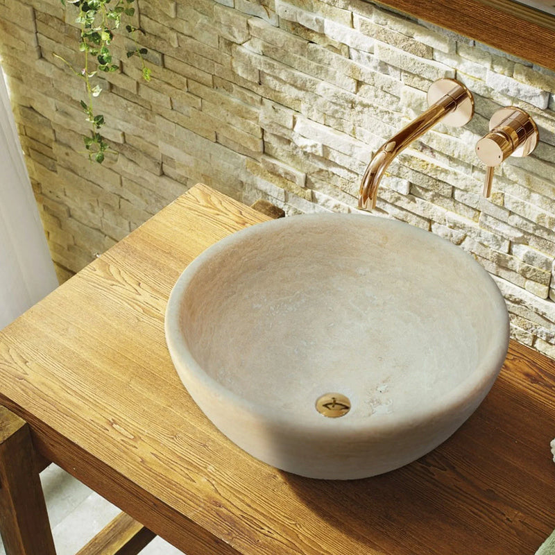 Beige Travertine Vessel Sink Honed and Filled - 16 inch Diameter