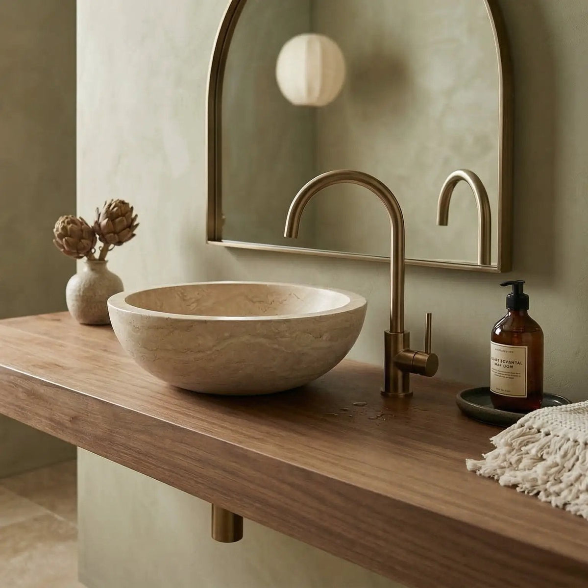 Beige Travertine Natural Stone Vessel Bathroom Sink 16x6 Honed
