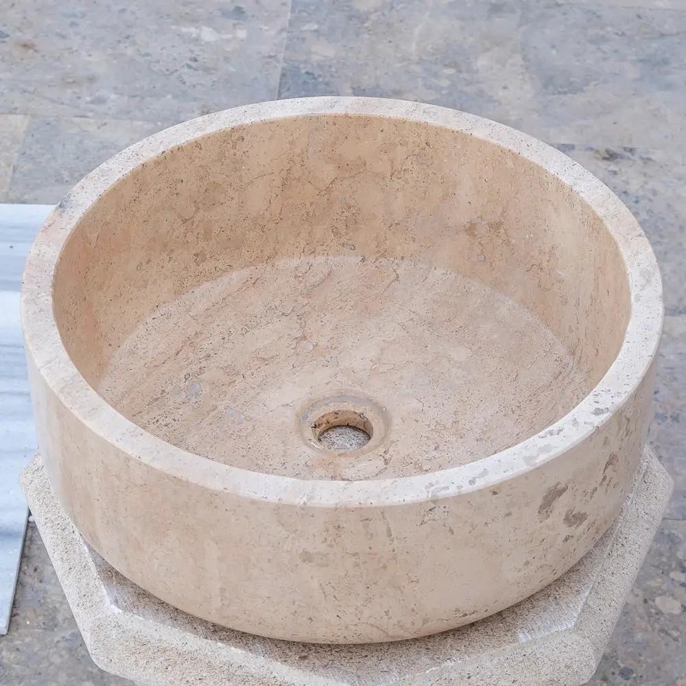 Beige Turkish Travertine Natural Stone Round Vessel Bathroom Sink