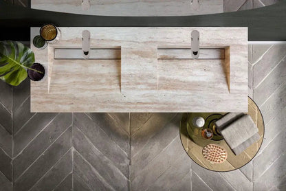 Beige Travertine Wall Mounted Double Vanity Bathroom Sink 23x60