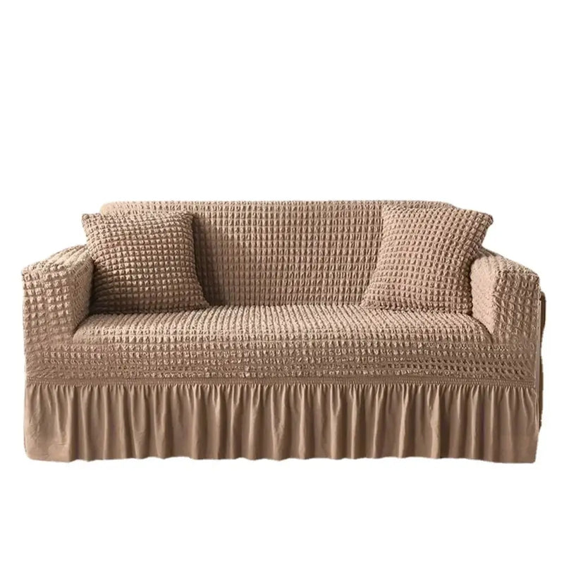 Beige waffle cozy sofa cover living room ruffled solid color slipcover