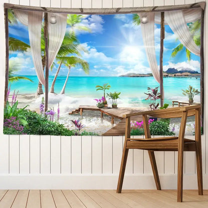 Beige & white coconut forest sea view tapestry bedroom wall decor