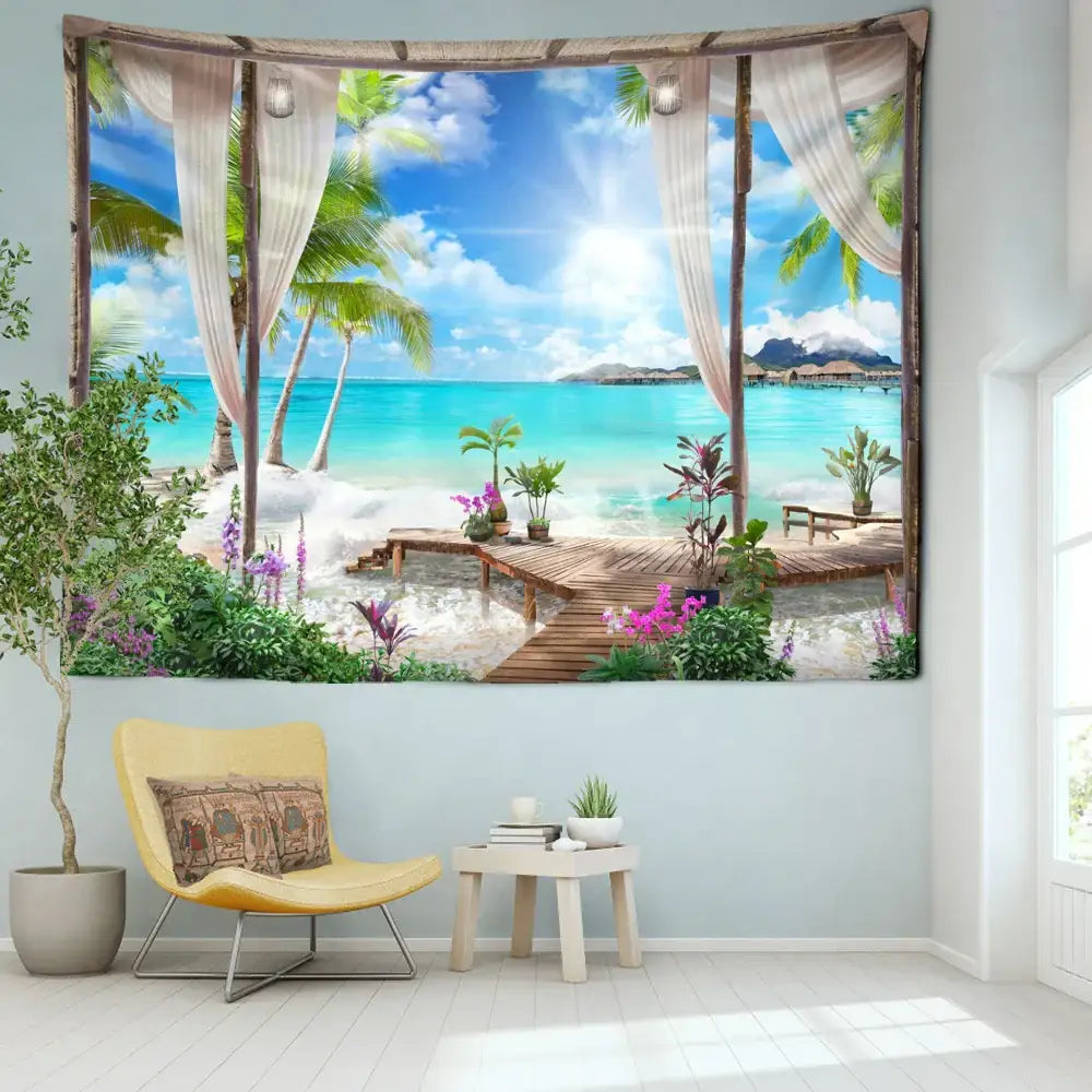 Beige & white coconut forest sea view tapestry bedroom wall decor