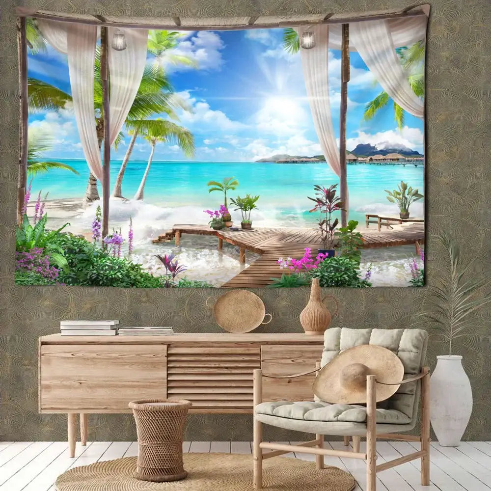 Beige & white coconut forest sea view tapestry bedroom wall decor
