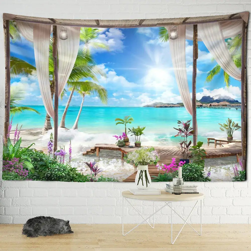 Beige & white coconut forest sea view tapestry bedroom wall decor