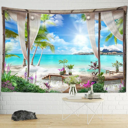 Beige & white coconut forest sea view tapestry bedroom wall decor