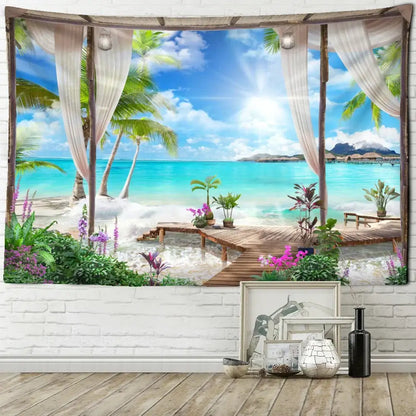 Beige & white coconut forest sea view tapestry bedroom wall decor
