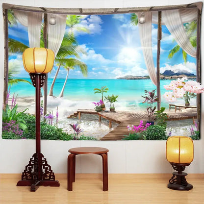 Beige & white coconut forest sea view tapestry bedroom wall decor