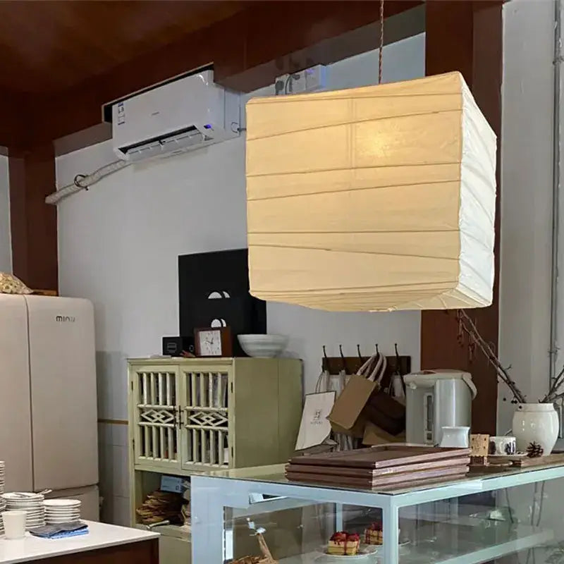 Beige & white cube rice paper pendant lamp for living room