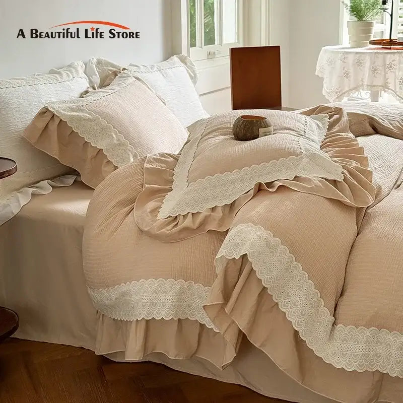 Beige & white lace ruffles bedding set – bedroom duvet cover