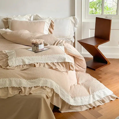 Beige & white lace ruffles bedding set – bedroom duvet cover