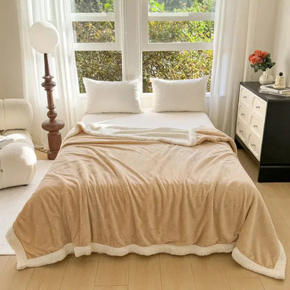 Beige & white ribbed coral fleece jacquard blanket bedroom throw