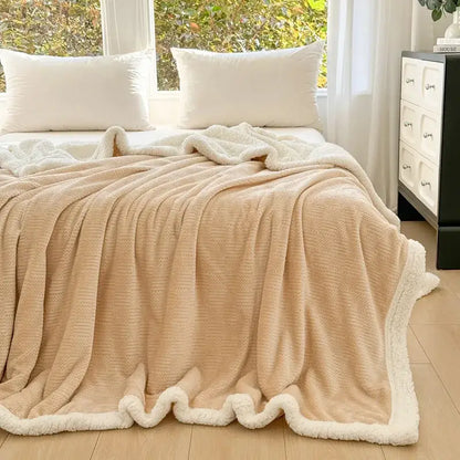 Beige & white ribbed coral fleece jacquard blanket bedroom throw