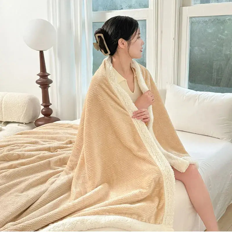 Beige & white ribbed coral fleece jacquard blanket bedroom throw