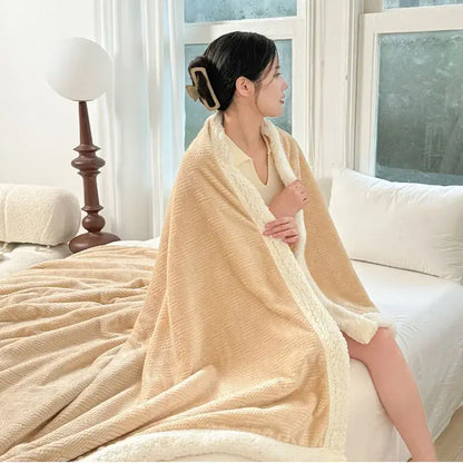 Beige & white ribbed coral fleece jacquard blanket bedroom throw