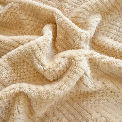 Beige & white ribbed coral fleece jacquard blanket bedroom throw