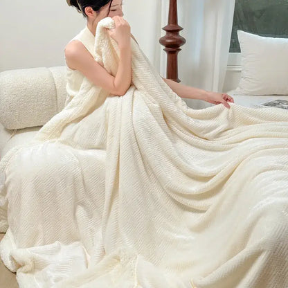 Beige & white ribbed coral fleece jacquard blanket bedroom throw