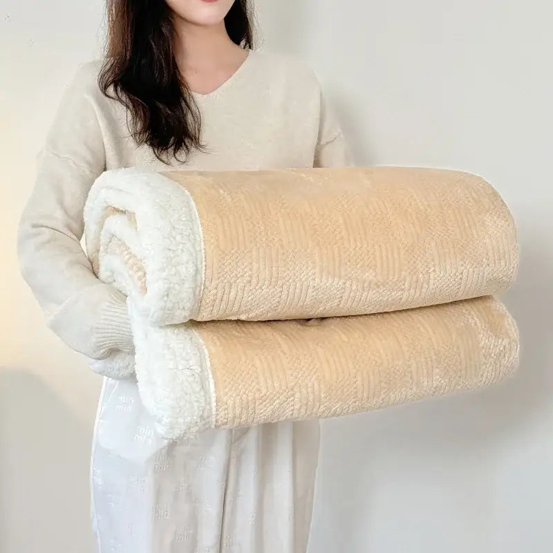 Beige & white ribbed coral fleece jacquard blanket bedroom throw