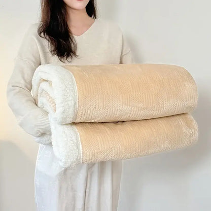 Beige & white ribbed coral fleece jacquard blanket bedroom throw