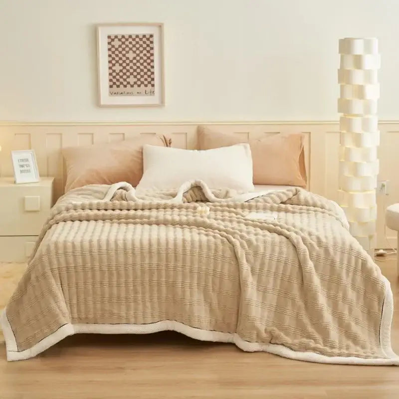 Beige & white striped rabbit plush blanket bedroom quilted throw