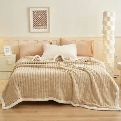 Beige & white striped rabbit plush blanket bedroom quilted throw