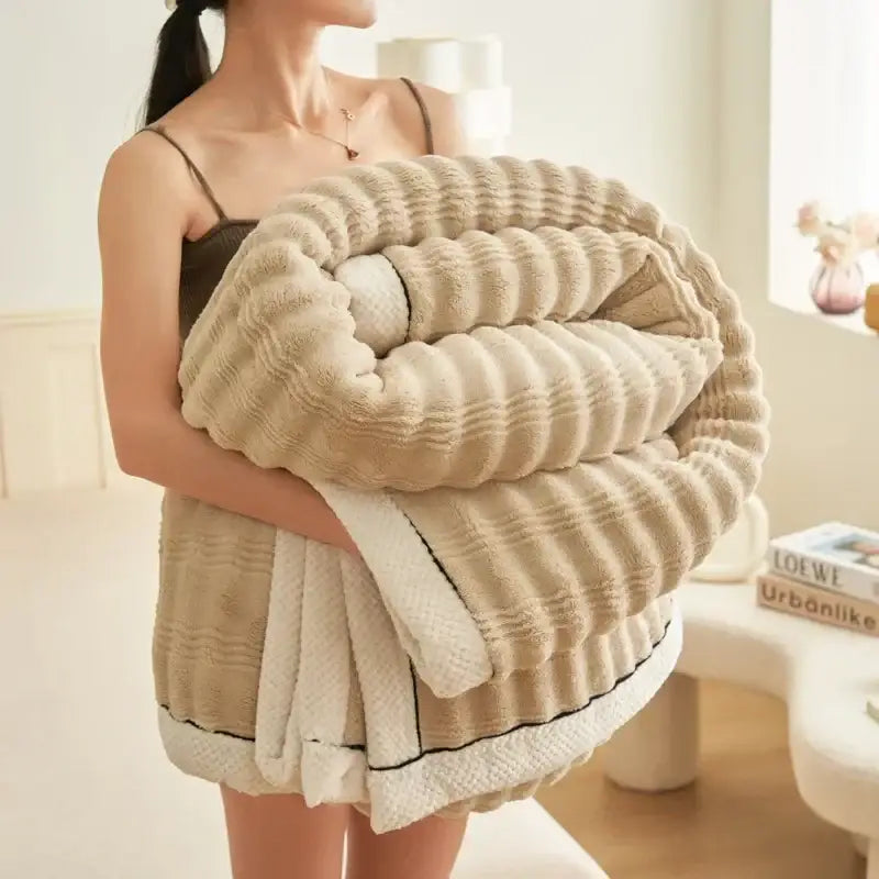 Beige & white striped rabbit plush blanket bedroom quilted throw