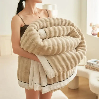 Beige & white striped rabbit plush blanket bedroom quilted throw