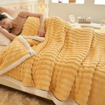 Beige & white striped rabbit plush blanket bedroom quilted throw