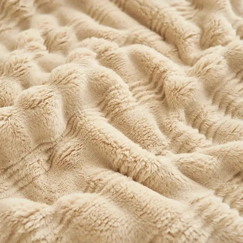 Beige & white striped rabbit plush blanket bedroom quilted throw