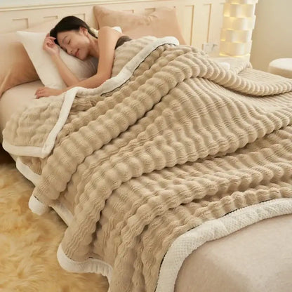 Beige & white striped rabbit plush blanket bedroom quilted throw