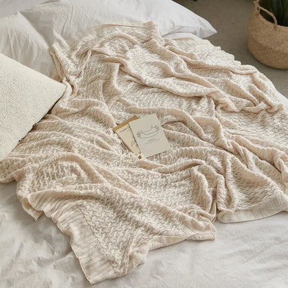 Beige & wine knitted bamboo cool summer air conditioning blanket bedroom