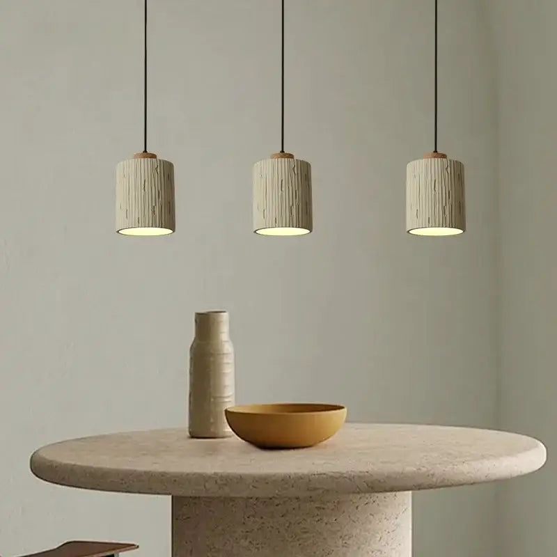 Beige wood grain columnar micro cement pendant light kitchen decor