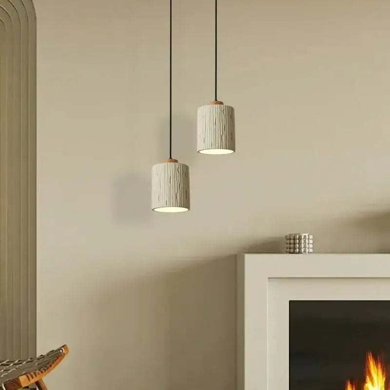 Beige wood grain columnar micro cement pendant light kitchen decor