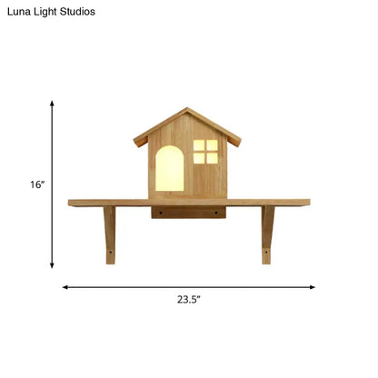 Beige wooden house wall sconce with storage shelf and warm white light