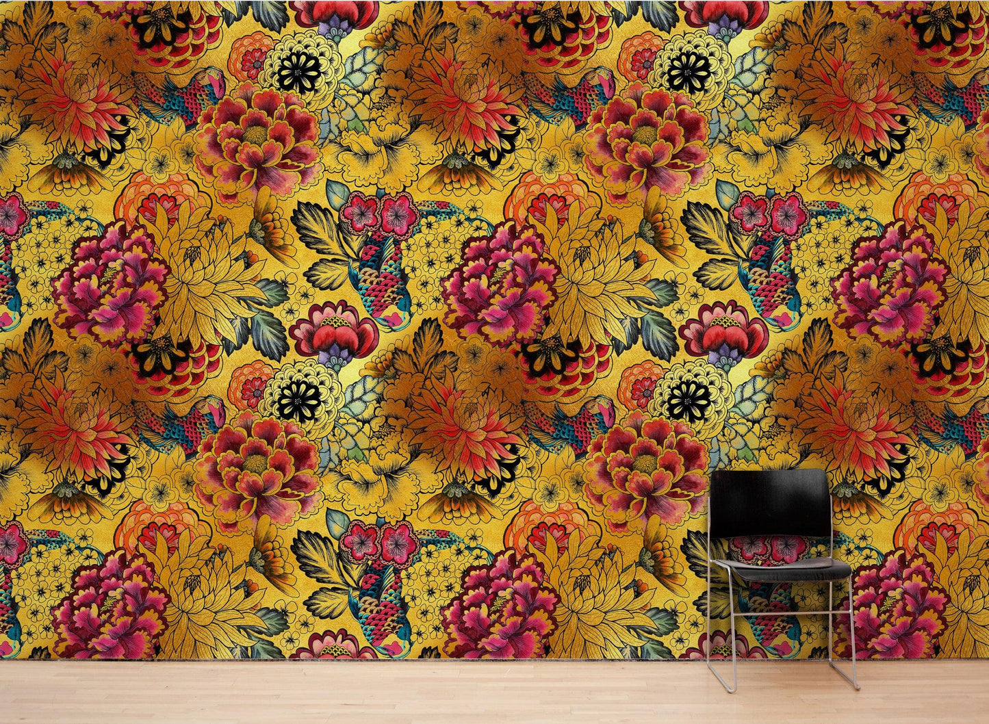 Japanese Art Koi Fish Peel and Stick Wallpaper. Gold Flowers Background.  Removable Wall Mural #6192