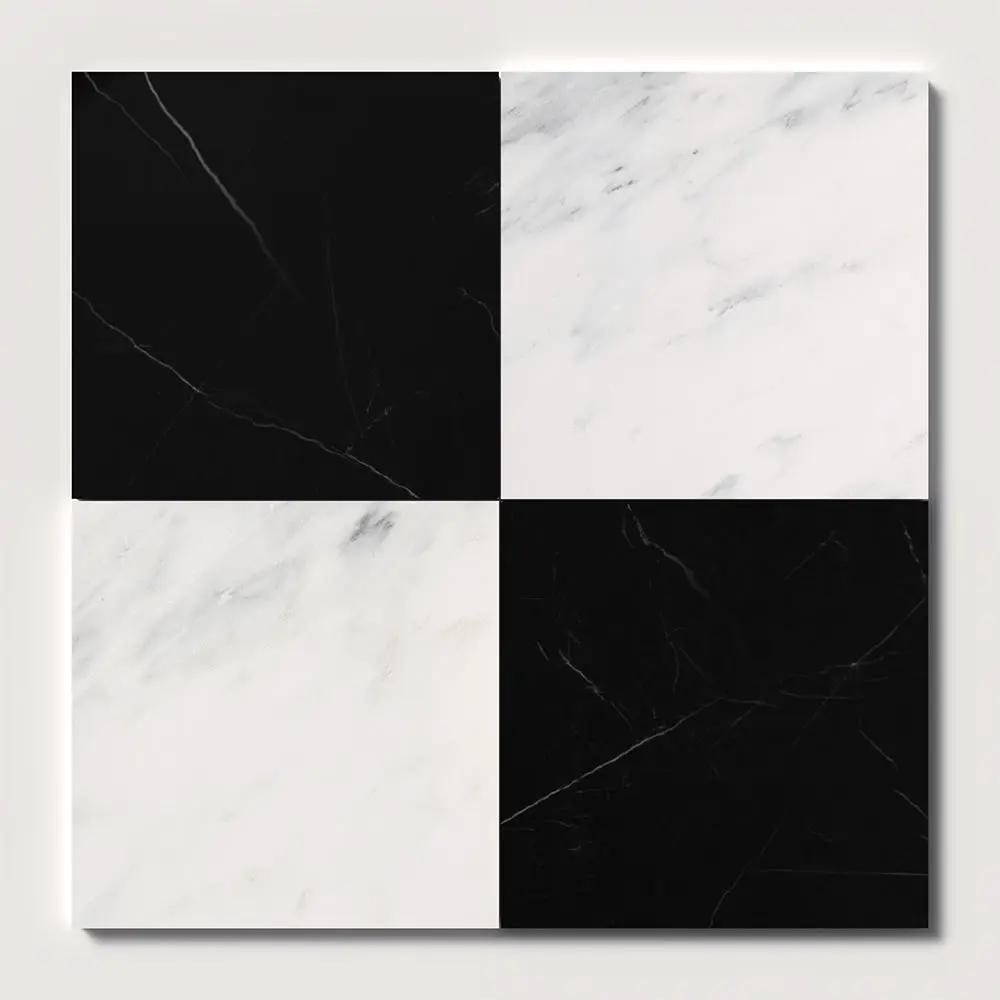 Bella White, Black Polished Checkerboard Pattern Marble Tiles 18x18