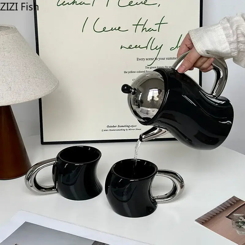 Bending design ceramic coffee mug and teapot set black & silver dining