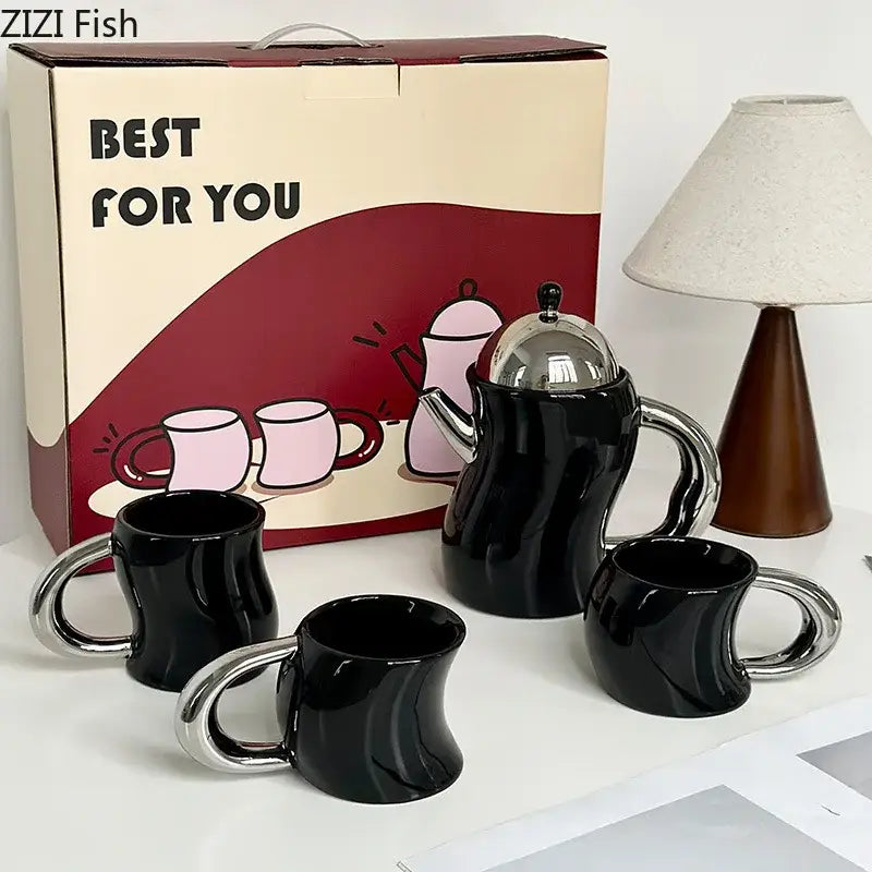 Bending design ceramic coffee mug and teapot set black & silver dining