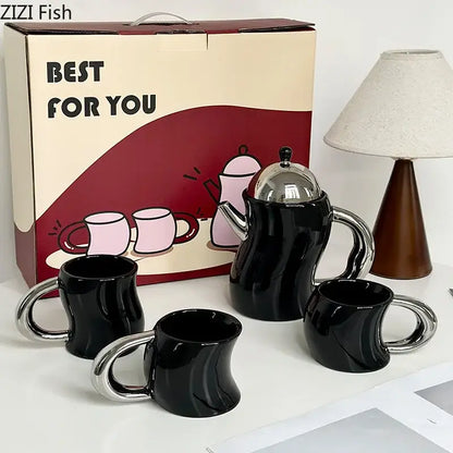Bending design ceramic coffee mug and teapot set black & silver dining