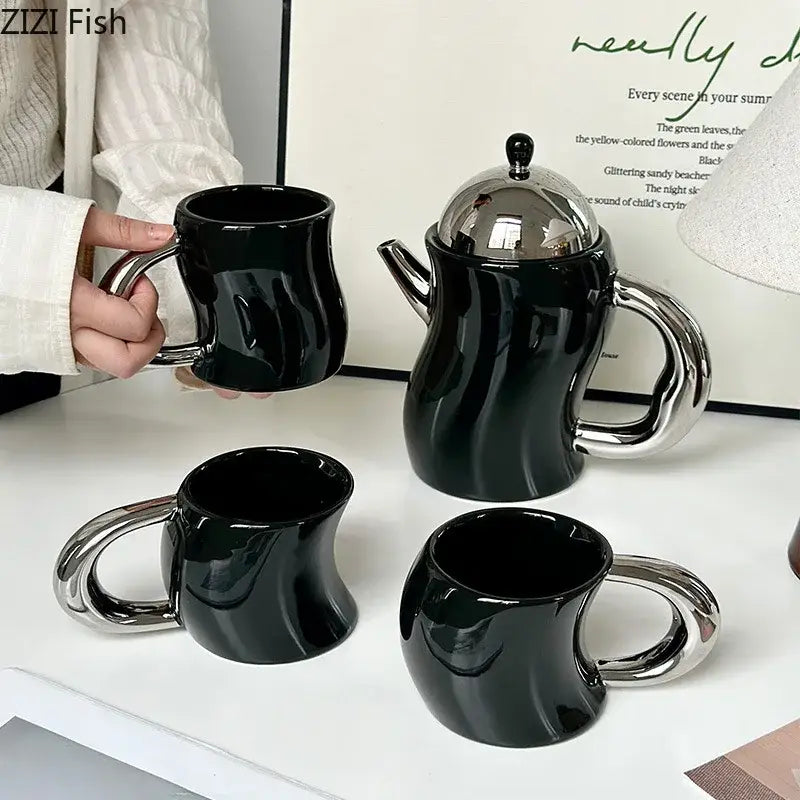 Bending design ceramic coffee mug and teapot set black & silver dining