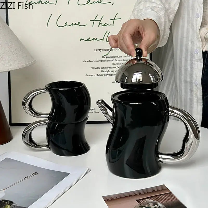 Bending design ceramic coffee mug and teapot set black & silver dining