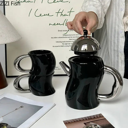 Bending design ceramic coffee mug and teapot set black & silver dining