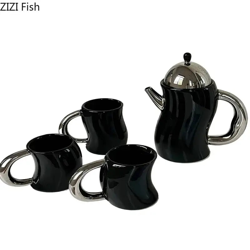 Bending design ceramic coffee mug and teapot set black & silver dining